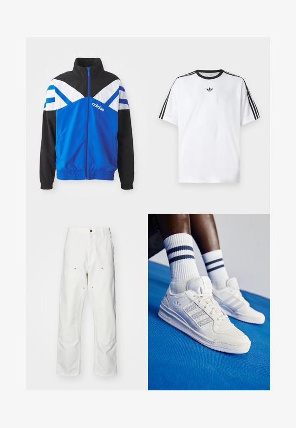 Zila un melna vēja pārsegs ar baltu un zilu zigzaga rakstu, ar rāvējslēdzēja aizdari, elastīgām piedurknēm un sānu kabatām. Adidas logo redzams.; Baltā T-krekla izgatavots no kokvilnas, ar melnu apaļu kakla izgriezumu un trim melnām svītrām uz katra pleca. Mazs melns logo uz krūtīm.; Baltas kokvilnas kargo bikses ar brīvu piegriezumu. Iezīmes ietver priekšējās kabatas, zeltītas detaļas un pastiprinātas ceļa daļas.; Baltas ādas sneakeri ar perforētiem akcentiem, trim metāliskiem svītrām un strukturētu sānu paneļu. Valkāti ar baltiem zeķēm, uz kurām ir zilas svītras.