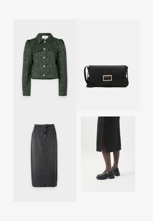 YAS YASKILLO JACKET - Lengva striukė - sycamore; Baltas be rankovių marškinėlis, pagamintas iš išklotinės medžiagos, su apvaliu iškirpimu ir prigludusia siluetu, minimaliais siūlais ir be dekoracijų.; Juodas džinsinis midi sijonas su tiesia siluetu, priekyje mygtukų uždarymas ir šoninės kišenės. Turi lygią tekstūrą ir subtilius blukimo efektus.; Juodos odinės bateliai su apvaliu nosiu, stora blokine pakulne ir elastingais šonais, derinami su tamsiomis pėdkelnėmis ir juoda sijonu su plyšiu.; Juodas odinis dėkliukas su atvarteliu ir auksinės metalinės sagties detalėmis. Įeina juodas diržas ir elegantiškas, minimalistinis dizainas.