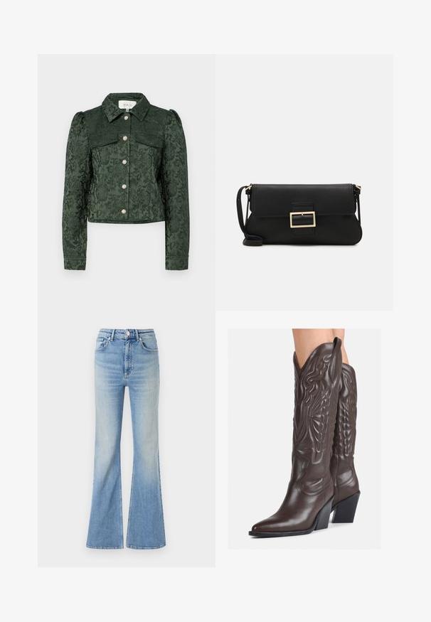 YAS YASKILLO ciemnozielony; Biała bezrękawnikowa koszulka wykonana z prążkowanej tkaniny, z okrągłym dekoltem i dopasowanym krojem, o minimalnych szwach i bez ozdób.; Jasnoniebieskie dżinsy w kształcie dzwonów, wykonane z denimu, z wysokim stanem, pięcioma kieszeniami i delikatnym gradientowym blaknięciem w kierunku dołu nogawki.; Brązowe skórzane kowbojki z noskiem w kształcie migdała i blokowym obcasem, z detalicznym przeszyciem i podniesionymi akcentami na cholewce.; Czarna skórzana torebka kopertowa z klapką i detalem w postaci złotej metalowej klamry. Zawiera czarny pasek oraz elegancki, minimalistyczny design.