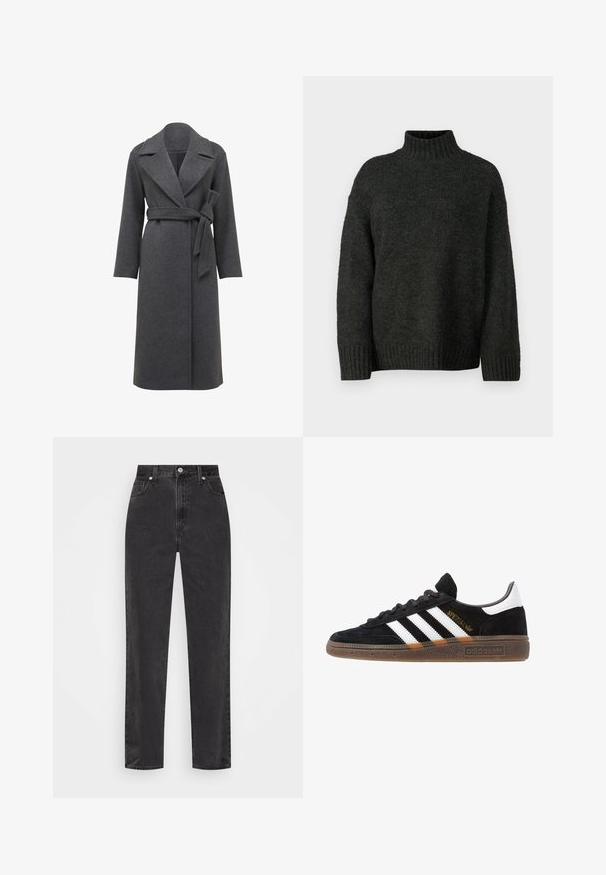Gray wool coat with long sleeves, wide lapels, and a belted waist. Features a straight silhouette and soft, textured fabric.; Vero Moda Tall VMMADDIE HIGHNECK PULL - Jumper - dark grey melange; Straight-leg black denim jeans with high waist, front button and zipper, and five-pocket styling on a white background.; Black Adidas sneaker with white stripes, gold "Spezial" text, gum sole, and white heel tab, shown in profile view.