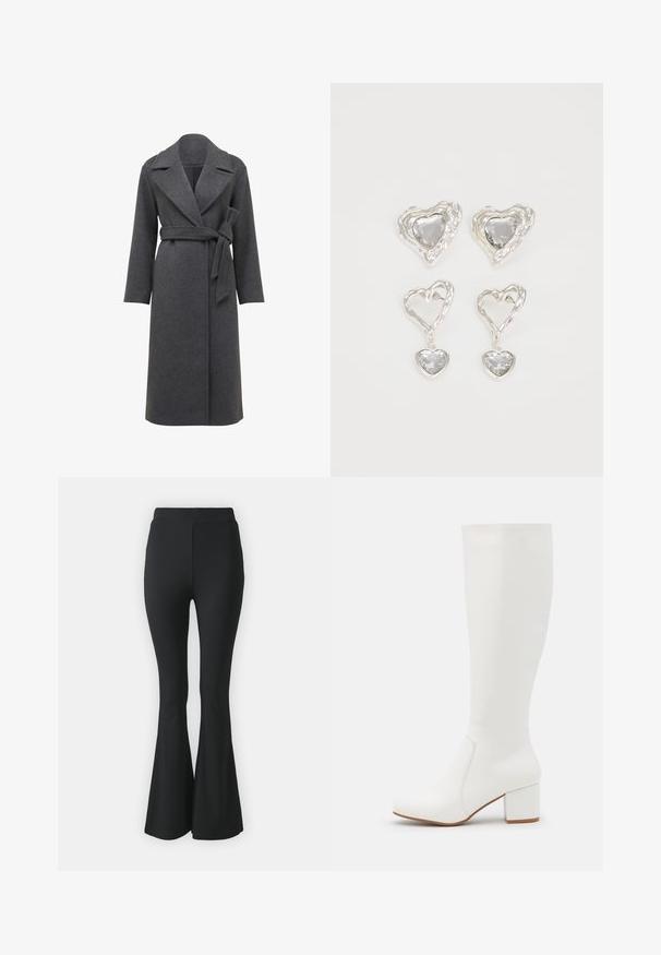 Pelēka vilnas mēteli ar garām piedurknēm, platām atlokām un jostu vidukļa daļā. Tam ir taisna siluets un maiga, teksturēta auduma.; Melnas camisole topi ar plānām siksniņām, kuriem ir gluda, elastīga auduma un pieguļošs siluets. Iepakojumā divi gabali.; Melni platas bikses, kas izgatavotas no elastīga auduma. Tām ir augsts viduklis un gluda, pieguloša forma, kas paplašinās no ceļa uz leju.; Baltas līdz ceļgaliem augstpapēžu zābaks ar gludu, spīdīgu apdari. Kvadrāta formas bloka papēdis un smalks šuvums gar sāniem.; Sudraba sirds formas auskari ir rotāti ar daudzšķautņainiem caurspīdīgiem akmeņiem un ar teksturētu rāmi. Komplektā iekļauti gan pērlīšu, gan pilienu stili.