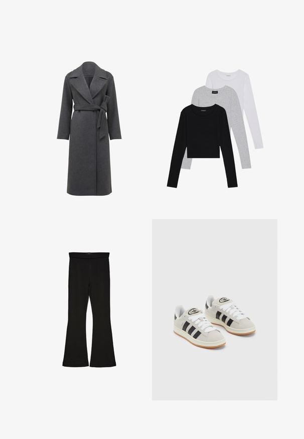 Grå uldfrakk med lange ærmer, brede klapper og bælte i taljen. Har en lige silhuet og blødt, tekstureret stof.; Tre langærmede toppe stablet: sort, grå og hvid. Hver har en rund halsudskæring og et cropped design med glat, let stof.; Sorte flared leggings lavet af strækbart stof. Har en bred talje og en glat tekstur, med en tætsiddende silhuet der bredder sig ved sømmen.; Grå ruskinds sneakers med hvide snørebånd, sorte striber og en hvid gummisål. Har et rundt logo på tungen og en gummisål.
