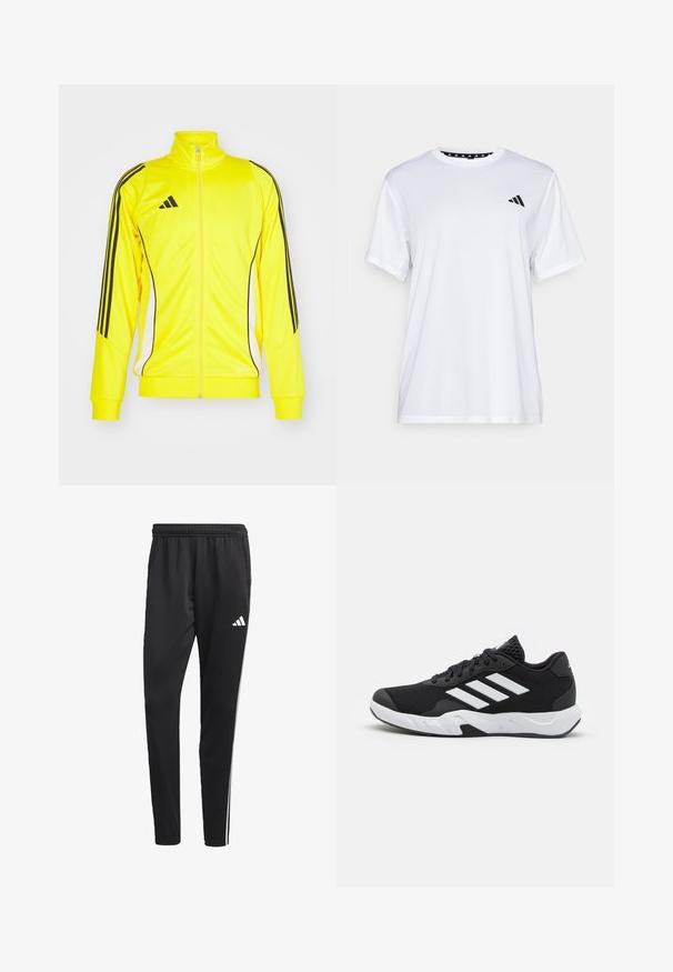 Jachetă athletică galbenă cu dungi și accente negre. Dispune de un guler înalt și închidere cu fermoar, fabricată dintr-un material moale.; Tricou sportiv alb cu mâneci scurte, fabricat dintr-un material care elimina umezeala. Are un logo negru pe pieptul stâng și o guler interiory cu un design patterned.; Pantaloni sport negru cu un brâu elastic, dungi albe pe lateral și un mic logo alb pe coapsă. Realizați dintr-un material neted și ușor.; Pantofi sport negri cu un material din plasă texturată, benzi albe de accent, o talpă cushioned și un călcâi întărit pentru suport.