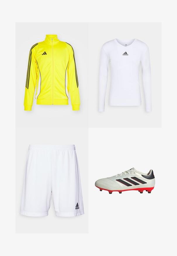 Gelbe Sportjacke mit schwarzen Streifen und Akzenten. Verfügt über einen hohen Kragen und einen Reißverschluss, besteht aus weichem Material.; Langärmliges weißes Sportshirt aus glattem Material mit einem schwarzen Adidas-Logo auf der Brust; V-Ausschnitt-Design und figurbetonte Form.; Weiße Sportshorts mit elastischem Bündchen, aus einem glatten Stoff gefertigt. Mit einem schwarzen Adidas-Logo auf der unteren linken Seite.; Weißer Fußballschuh mit schwarzen Akzenten und roter Sohle. Verfügt über drei schwarze Streifen an der Seite und ein glattes Obermaterial.