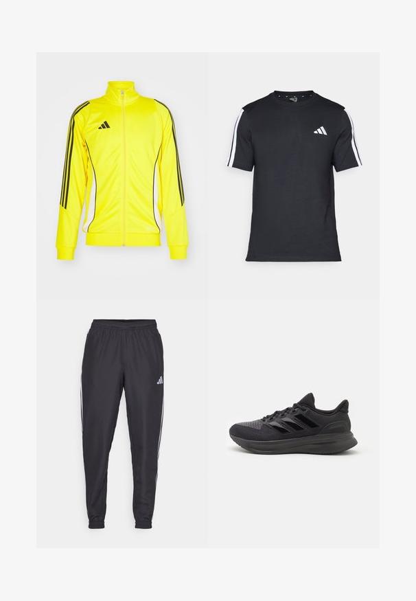 Žuta sportska jakna s crnim prugama i detaljima. Karakterizira je visoki ovratnik i zatvaranje na patentni zatvarač, izrađena je od mekanog materijala.; Crna majica od pamuka s kratkim rukavima, koja ima bijele pruge na ramenima i bijeli logo na lijevoj strani prsiju.; Crne sportske hlače s elastičnom gumicom u struku, s bijelim prugama uz bokove i malim logotipom na kuku. Glatka tekstura.; Crne atletske cipele s teksturiranim gornjim dijelom od tkanine, gumeni potplat i tri sjajne crne pruge sa strane. Zaobljeni vrh i uložak u peti.