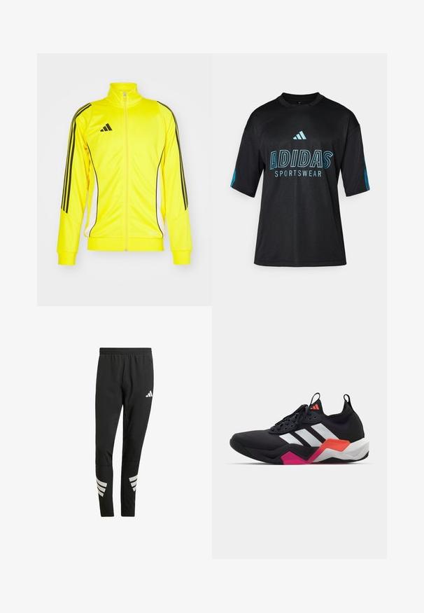 Žlutá sportovní bunda s černými pruhy a akcenty. Vybavena vysokým límcem a zipovým zapínáním, vyrobena z měkkého materiálu.; Černé sportovní tričko Adidas s síťovanou texturou, krátkými rukávy, kulatým límcem a modrým logem a textovými detaily na přední části a rukávech.; Černé sportovní kalhoty s elastickým pasem, se stříbrnými reflexními akcenty v pruhovaném vzoru na dolních nohavicích. Vyrobeno z hladkého materiálu.; Černá sportovní bota s bílými pruhy, texturovaným svrškem a robustní podešví, která má oranžové, růžové a bílé akcenty. Šněrovací design s poutkem.