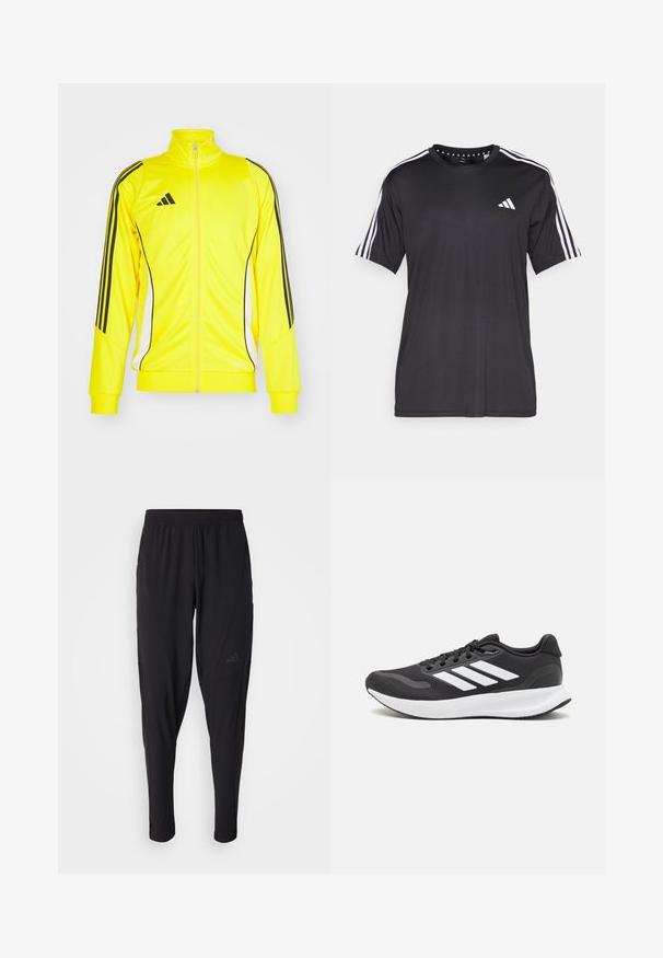 Gelbe Sportjacke mit schwarzen Streifen und Akzenten. Verfügt über einen hohen Kragen und einen Reißverschluss, besteht aus weichem Material.; Schwarzes T-Shirt mit kurzen Ärmeln und weißem Dreistrichdesign an den Schultern sowie Logo auf der Brust. Hergestellt aus atmungsaktivem Stoff, glatte Textur.; Schwarze Sporthosen mit elastischem Bund, tailliertem Design, Seitentaschen und dezenten Logo-Details. Hergestellt aus flexiblem, atmungsaktivem Material.; Schwarzer Sportschuh mit atmungsaktivem Mesh-Obermaterial, weißen Akzenten und einer gepolsterten Sohle. Mit drei Streifen-Logo an der Seite.