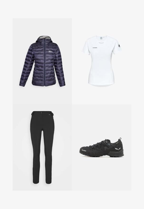 Jack Wolfskin PASSAMANI - Daunenjacke - graphite; Kurzärmliges weißes Sportshirt mit Rundhalsausschnitt, das ein Logo auf der Brust und eine glatte, leichte Stofftextur aufweist.; Schwarze, enganliegende Hosen aus einem flexiblen Material. Zu den Merkmalen gehören eine seitliche Reißverschlusstasche, vorgeformte Knie und eine glatte Textur.; Schwarze Wanderschuhe mit einem strukturierten Obermaterial aus Stoff, Schnürsystem und robuster Gummisohle. Akzentuiert mit reflektierenden Details und Logos.