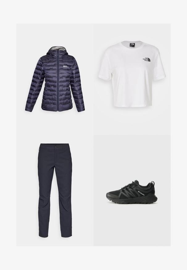 Jack Wolfskin PASSAMANI - Piumino - graphite; T-shirt bianco cropped in cotone con scollo rotondo e maniche corte. Presenta un logo nero sul lato sinistro del petto.; Pantaloni blu navy realizzati in tessuto liscio, con chiusura frontale a bottone, design slim-fit e pieghe decorative sulle ginocchia.; Columbia PEAKFREAK - Scarpa da hiking - black