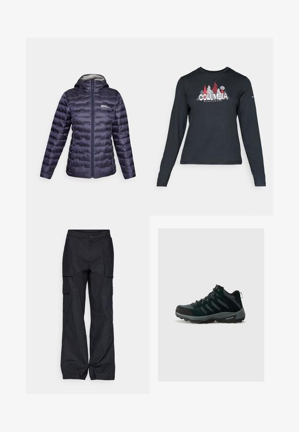 Jack Wolfskin PASSAMANI   - Down jacket - graphite; Long-sleeve dark gray shirt with a graphic of red trees and mountains; "COLUMBIA" logo in bold white text. Soft fabric, standard crew neck.; Columbia BREA FALLS™ COTTON RIPSTOP PANT - Outdoor trousers - black; Columbia REDMOND - Hiking shoes - black/citron haze