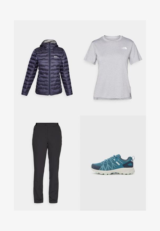 Jack Wolfskin PASSAMANI   - Doudoune - graphite; T-shirt gris à manches courtes fabriqué en tissu doux et évacuant l'humidité. Il présente un col rond et un petit logo blanc en haut à gauche.; Pantalons de plein air noirs, en tissu léger, avec une coupe droite, des poches latérales zippées et une taille ajustable.; Columbia PEAKFREAK™ II OUTDRY™ - Chaussures de marche - blue heron/skylight