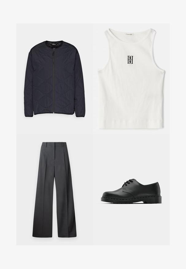 Navy quilted jacket with a round neck, front zipper, and wave pattern. Made of lightweight fabric with ribbed cuffs and hem.; White ribbed tank top featuring a black embroidered logo centered on the chest. The neckline and armholes are finished with a subtle binding.; Wide-leg trousers in dark gray fabric, featuring a high waist, single pleats, and a smooth texture with a clean finish at the hems.; Black leather oxford shoe with lace-up design, rounded toe, flat rubber sole, and subtle stitching detail along the upper.