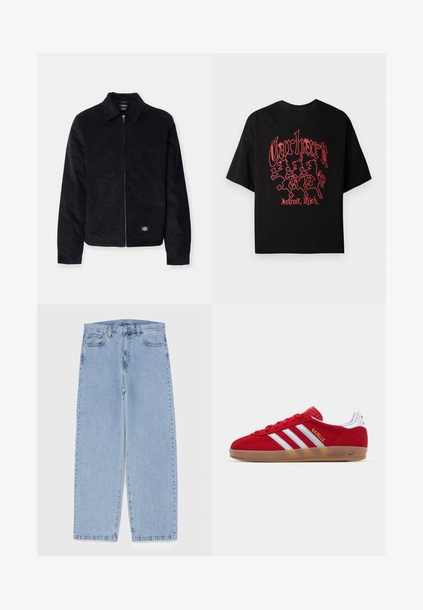 Juodas kordūrinis švarkas su apykakle, priekyje užtrauktuku, dviem šoninėmis kišenėmis ir maža logotipo etikete kairėje apačioje. Textūruotas audinys.; Juoda trumpa rankovė T-marškiniai, pagaminti iš medvilnės, su ryškiu raudonu grafiniu piešiniu, vaizduojančiu tris liūtus ir užrašu "Carhartt, Detroit, Mich."; Šviesiai mėlyni džinsai su tiesiomis kojomis, turintys vidutinio aukščio juosmenį, penkias kišenes ir mygtuko bei užtrauktuko uždarymą.; Raudoni zomšiniai kedai su baltu trimis dryžiais ir auksiniu „Gazelle“ tekstu. Turi guminį pado gumulėlį ir tekstūruotą kulną.