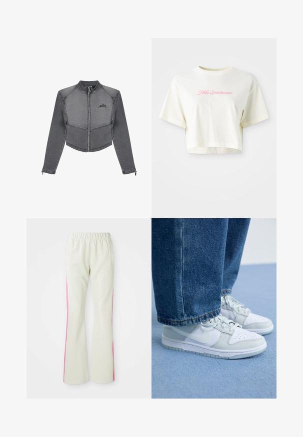 Nugriebta pilka džinsinė striukė su aukštu apykakle, užtrauktuko uždarymu ir logotipu ant krūtinės. Yra kontrastingos siūlės ir prigludę rankovės.; Trumpas, kreminės spalvos marškinėliai, pagaminti iš medvilnės. Puošti rožiniu siuvinėtu logotipu su užrašu "Nike Sportwear." Trumpomis rankovėmis ir apvaliu kaklu.; Šviesiai smėlio spalvos kelnės su elastinga juosmens juosta, turinčios rožinius šoninius panelius ir šonines kišenes. Lygi tekstūra su tiesiomis kojomis.; Nike sportbačiai balti ir šviesiai pilki odiniai, su perforuota pirštine, plokščiomis raišteliais ir guminiu padu, derinami su mėlyniais džinsais.