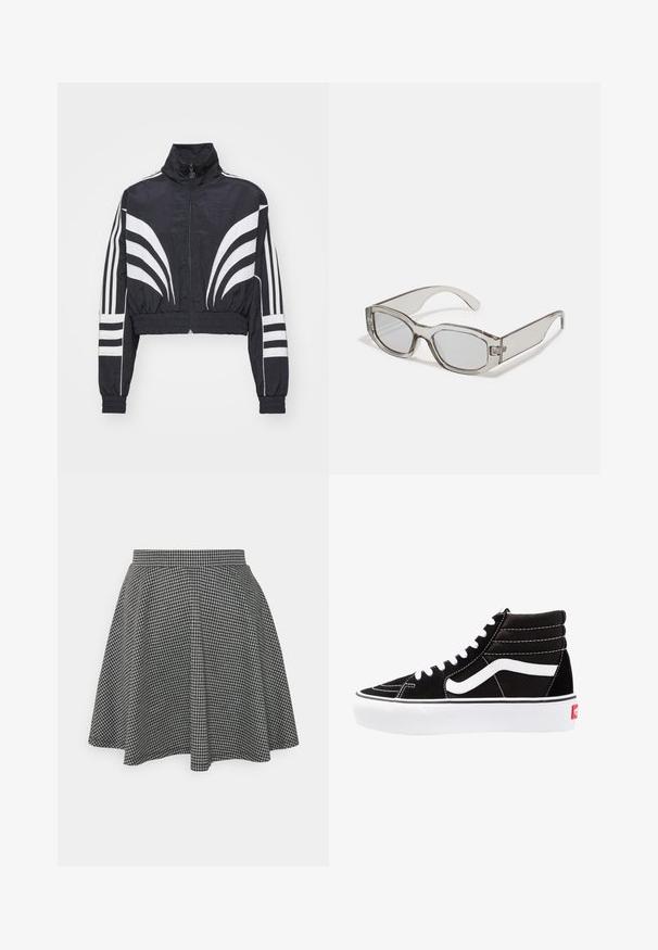 adidas Originals CROP ATLANTA - Treningsjakke - black; To skjortetopper uten ermer i svart og hvitt, laget av ribbestrikket bomull, med rund hals og en tettsittende design. Merker synlige på begge.; Sorte og hvite rutete skater skjørt med en tettsittende midjebånd og flagrende hem, laget av teksturert stoff som viser et klassisk mønster.; Svarte høyhælte joggesko med hvite snøringer, en hvit logo og kontrasterende hvit søm. Har en tykk hvit såle og teksturert semsket skinn på overflaten.; Grå, gjennomsiktige solbriller med rektangulær form, flate linser og tykke stenger. Har en subtil hengsel-detalj på templene.