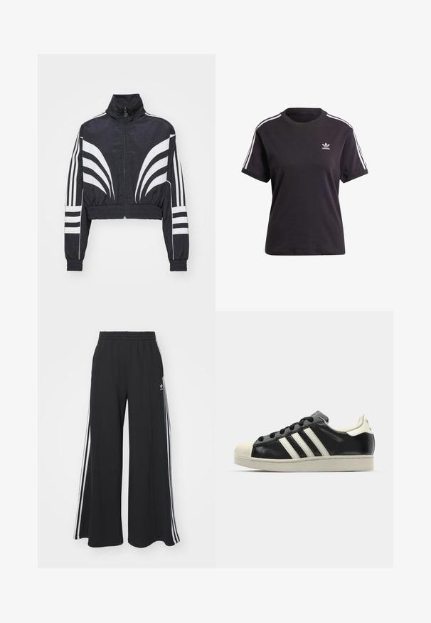 adidas Originals CROP ATLANTA - Træningsjakke - black; Sort bomulds t-shirt med korte ærmer og rund hals, der har hvide striber på skuldrene og et lille hvidt Adidas-logo på brystet.; Sorte brede sweatpants med elastisk talje, med hvide sidelommer og et broderet logo på venstre lår.; Sort lædersneakers med hvide striber, gummitåkap, sorte snørebånd og en cremefarvet ydersål. Glat tekstur med blank overflade.