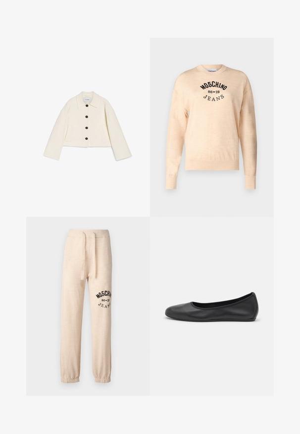 Zkrácená krémová bunda z měkké tkaniny s límečkem, černým knoflíkovým zapínáním a dvěma předními kapsami. Navržena s širokými rukávy.; Světle béžový svetr vyrobený z měkkého pleteného materiálu, s kulatým výstřihem, dlouhými rukávy a černě vyšívaným logem s textem "Moschino Jeans."; Beige tepláky s elastickými manžetami a pásem. Na levém stehně se nachází černý potisk s logem "MOSCHINO 86 ❤ 23 JEANS". Měkká textura.; Černé kožené baletní byty s kulatou špičkou, hladkou texturou, minimálními švy a flexibilním designem podrážky.