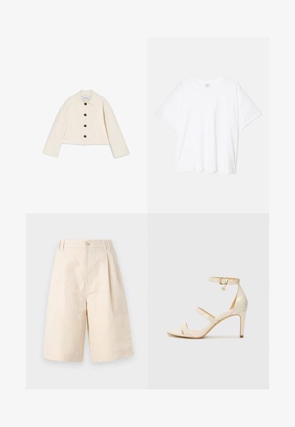 Izgriezts ivora mētelis mīkstā audumā ar apkakli, melnu pogu aizdari un divām priekšējām kabatām. Projektēts ar platām piedurknēm.; Balta kokvilnas T-krekls ar īsām piedurknēm, apaļu dekoltē, brīva piegriezuma un šūtu apakšmalu. Etiķete redzama iekšējā kakla daļā.; Beige linu džinsi ar brīvu piegriezumu, ar pogu aizdari, krokām un līdz ceļiem garumu. Gluda tekstūra un vienkāršs stils.; Bežīgas augstpapēžu sandales ar plānu potītes siksniņu un divām augšējām siksnām. Spīdošs laku apdare un zelta aksesuārs uz potītes siksniņas.