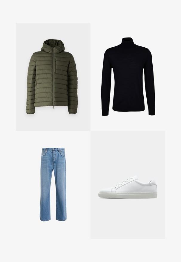 Save the duck JUNCUS - Giacca da mezza stagione - dusty olive; Maglione nero a collo alto in un tessuto a maglia morbida. Presenta maniche lunghe, un collo aderente e polsini e orlo a coste per una vestibilità aderente.; Jeans in denim blu chiaro con design a gamba dritta, cinque tasche, chiusura con bottone, leggero sbiadimento e dettagli di cucitura a contrasto.; Sneaker bianco con tomaia in pelle liscia e profilo basso. Presenta una punta arrotondata, sei occhielli e una suola in gomma testurizzata.