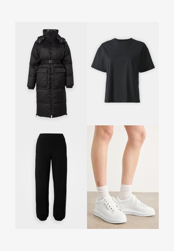 KARL LAGERFELD REVERSIBLE LONG  - Manteau en duvet - black; T-shirt en coton noir à manches courtes avec une coupe décontractée et un panneau latéral contrastant comportant un petit texte et des détails de design.; Pantalons de survêtement noirs avec un waistband élastique et des poignets. Fabriqués en tissu doux avec un détail de design subtil sur la jambe gauche.; Baskets en cuir blanc avec une texture lisse, bout arrondi et semelle en caoutchouc plate. Les lacets sont visibles et les poignets de chaussettes sont blancs.