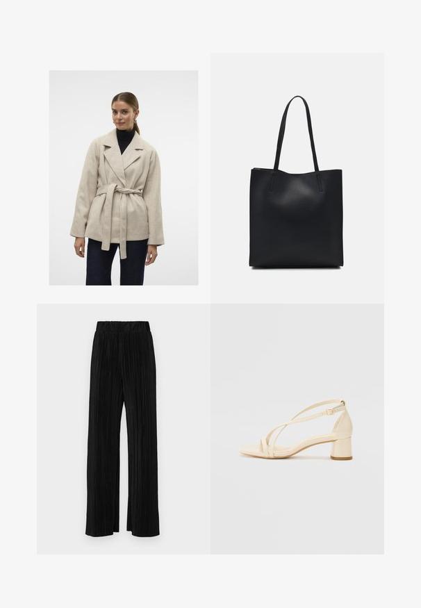 Beige ullblandings omslagsjakke med belte i midjen, brede revers og lange ermer, båret over en svart genser med høy hals, kombinert med mørke jeans.; Svart t-skjorte med korte ermer og rund hals, laget av mykt bomullsstoff. Enkelt design, ingen synlige logoer eller mønstre.; Sorte plisserte bukser med elastisk midje. Har vide ben og et glatt, strukturert stoff med vertikale striper.; Beige hæl-sandaler med blokhæl, rem-design og justerbar ankelrem, lavet af glat syntetisk materiale med mat finish.; Svart lær tote bag med glatt tekstur, rektangulær form og to lange håndtak. Ingen synlige deler eller dekorasjoner.