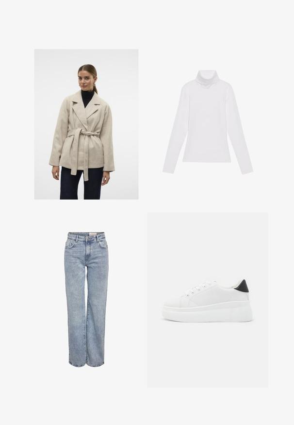 Bežist villasegu kombinatsiooniga mantel, millel on vööga talje, laiad kraed ja pikad varrukad, kantud musta kõrge kaelusega särgi peal, koos tumedate teksadega.; Valge pikkade varrukate turtleneck-särk, mis on valmistatud siledast ja venivast kangast. Omab kõrget kraed ja keha lähedast lõiget, ilma nähtavate mustrite või kaunistusteta.; Heledad sinine laia jalaeest, valmistatud denimist, kõrge vöökohaga, viie tasku disainiga ja kerge tuhmumisega, mis annab kulunud välimuse.; Valged platvormsneakerid, mis on valmistatud siledast sünteetilisest materjalist, ovaalse toe, paelkinnise disaini ja tekstuurse kummitaldiga. Must kontsrihm.