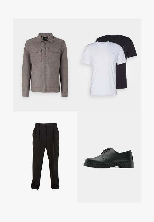 Pilkas švarkas, pagamintas iš minkštos, tekstūruotos medvilnės. Turi priekinę užtrauktuką, dvi krūtinės kišenes ir klasikinį apykaklę. Ilgos rankovės su mygtukų rankogaliais.; Du pfaldi medvilniniai marškiniai trumpomis rankovėmis, balti ir juodi, su apvaliais kaklais, turintys mažą logotipą ant krūtinės, glotnus paviršius.; Juodos kelnės su lygiu audiniu, turinčios priekines klostes, mygtukų juosmenį ir siaurėjančius kulkšnies audinius. Klasikinis pritaikytas siluetas.; Juodos odinės oksfordo bateliai su raištelių užsegimu, apvaliu pirštu, plokščiu guminiu padu ir subtiliu siuvimo akcentu viršuje.