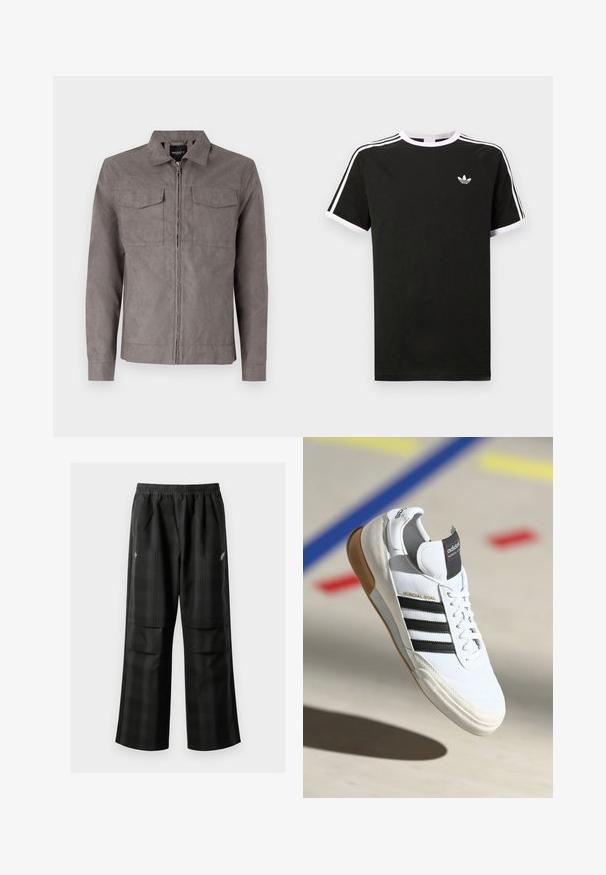 Pilkas švarkas, pagamintas iš minkštos, tekstūruotos medvilnės. Turi priekinę užtrauktuką, dvi krūtinės kišenes ir klasikinį apykaklę. Ilgos rankovės su mygtukų rankogaliais.; Juodas medvilninis marškinėlis su baltais akcentais. Yra trumpomis rankovėmis, raglano stiliaus, ir mažas logo ant krūtinės. Ant pečių yra trys balti dryžiai.; Juodos languotos kelnės su elastingu juosmeniu, dviem priekinėmis kišenėmis ir laisvu tiesiu kirpimu. Pagamintos iš lengvos medžiagos.; Balti Adidas Mundial Goal sportiniai batai su juodomis juostelėmis ir guminiu padu, pavaizduoti ore virš sporto aikštelės grindų su spalvotomis linijomis.