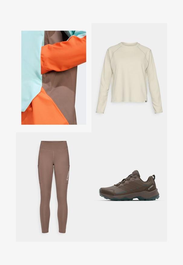 adidas Terrex ANORAK - Vodootporna jakna - earth strata semi flash aqua semi impact orange; Svijetlo bež majica dugih rukava s teksturiranim, rebrastim dizajnom. Ima raglan rukave i zaobljeni izrez. Suptilan brend logo na rubu.; Smeđe atletske tajice s visokim strukom, s bočnim džepovima i bijelim logotipom. Glatka, rastezljiva tkanina za udobnost i pokretljivost.; Sive i tirkizne planinarske cipele s mrežastim panelima, teksturiranim gornjim dijelom i čvrstim gumenenim potplatom. Imaju podstavljeni jezik i dizajn sa vezicama.