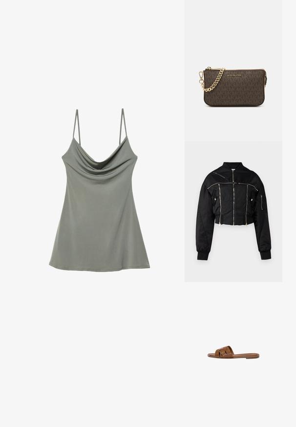 Musta lyhyt bomber-takki, joka on valmistettu sileästä kankaasta. Varustettu hopeisilla vetoketjuilla, ribbailla hihoilla ja useilla vetoketjullisilla taskuilla.; Rento, vaaleanharmaa toppi ohut säädettävä olkaimilla, valmistettu pehmeästä kankaasta, jossa on rento leikkautuminen ja sileä pinta.; Ruskea nahkainen liukusandaali, jossa on ristikkäiset hihnat, tasapohja ja sileä pinta. Yksinkertainen muotoilu ilman koristeita tai kuvioita.; Ruskea nahkainen olkalaukku, jossa on logokuvio, kultaketjuolkaint, vetoketjukiinnitys ja kultaiset metalliosat. Kompakti ja suorakulmainen muoto.