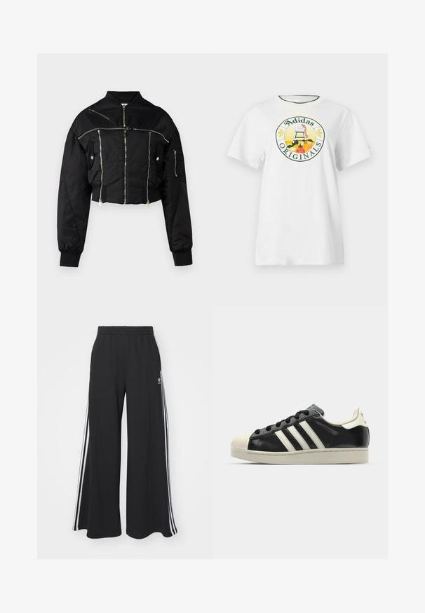 Fekete, rövidített bomber dzseki sima anyagból. Ezüst cipzárakkal, bordázott mandzsettákkal és több cipzáras zsebbel rendelkezik.; Fehér pamut póló rövid ujjakkal, kerek grafikus logóval zöld és sárga színben, amelyen az "Adidas Originals" felirat és gyümölcs minták láthatók.; Fekete, bő szárú melegítőnadrág, rugalmas derékkal, fehér oldalsávokkal és hímzett logóval a bal combon.; Fekete bőrsneaker fehér csíkokkal, gumírozott orral, fekete fűzővel és krém színű talppal. Simaság és fényes felület jellemzi.