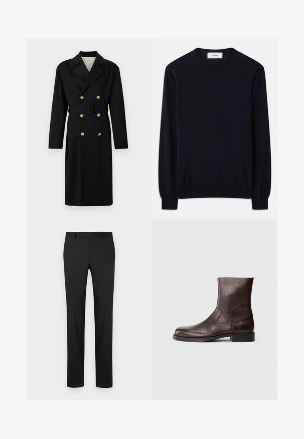 Schwarzer, doppelt gestreifter Mantel in strukturiertem Design, mit goldenen Knöpfen, einem Bindegürtel und einem Reverskragen. Glattes Material mit klassischer Passform.; Schwarzer Rundhals-Pullover aus einem glatten Strickgewebe. Lange Ärmel mit eng anliegenden Bündchen und eine lockere Passform am gesamten Körper.; Schwarze Hose mit einem maßgeschneiderten Design, geraden Beinen, standardmäßigen Gürtelschlaufen und glatter Textur. Keine sichtbaren Muster oder Metallteile.; Braune Lederstiefel bis zur Knöchel mit glatter Textur, runder Zehenpartie, minimaler Naht und flacher schwarzer Gummisohle.