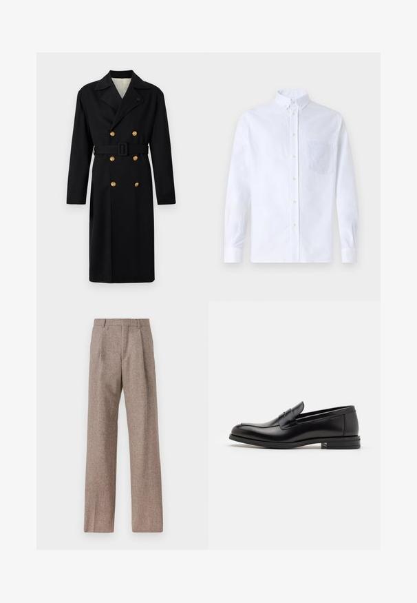 Melns divrindu mētelis strukturētā dizainā, ar zelta pogām, saitīti ap jostu un iedzimtu apkakli. Gluda auduma konstrukcija ar klasisku piegriezumu.; Balts garo piedurknēm krekliņš ar pogām, izgatavots no kokvilnas, ar krūšu kabatu ar tonālu izšuvumu, apkakli un pogām pie piedurknēm.; Brūni, augstos šortos izgatavoti no teksturēta auduma. Iezīmē plašas kājas un divas priekšējās krokas, kas nodrošina struktūru. Kārtīga apdare bez redzamām detaļām.; Melnas ādas kurpes ar gludu tekstūru, noapaļu purngalu un dekoratīvu siksniņu pāri priekšpusei. Zems sakrauts papēdis, minimālisma dizains.