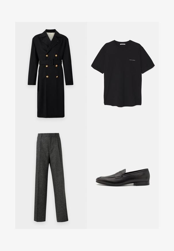 Sort dobbeltbrystet frakke i et struktureret design, med guldknapper, bælte og reverskrave. Glat stof med en klassisk pasform.; Sort bomulds T-shirt med rund hals, korte ærmer og en hvid logo print på venstre bryst. Simpelt, ensfarvet design.; Grå skræddersyede bukser lavet af tekstureret stof, med to frontplicer og lige ben-design. Ingen synlige lommer eller udsmykninger.; Sorte læder loafers med et strømlinet design, rund tå og lav stablet hæl. Har en dekorativ syet detalje på overdelen.