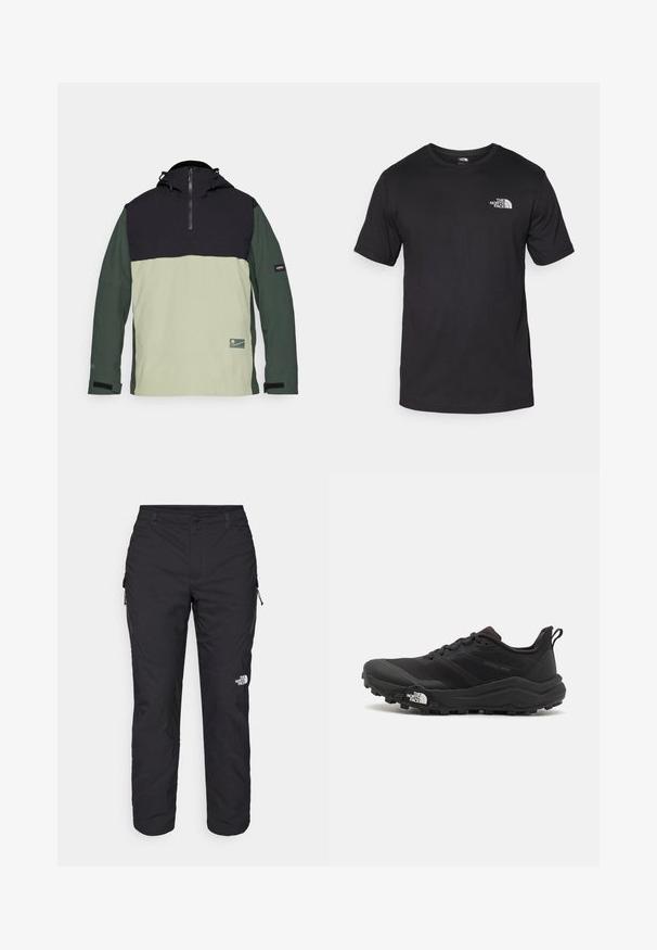 Kapucnis pulóverdzseki fekete felső résszel, világoszöld középrésszel és sötétzöld ujjakkal. Elöl cipzáros és logóval ellátott.; Fekete rövidujjú pamut póló, kerek nyakkivágással, a bal felső mellkason egy kis fehér logóval.; The North Face WINTER EXPLORATION TAPERED CARGO - Szabadtéri nadrágok - black; Fekete terepfutó cipő, textúrált felső résszel, gumitalppal és megerősített lábujjrészével. Párnázott bokarésszel és húzófüllel rendelkezik a könnyű felhúzáshoz.