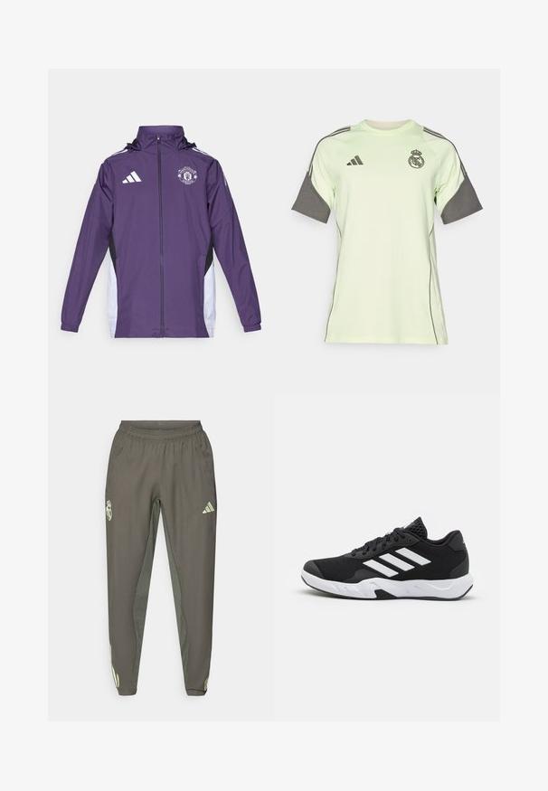 adidas Performance MANCHESTER UNITED 25/26 COMPETITION ALL WEATHER JACKET - Fanartikel - aurora plum/white/black; Lichtgroen t-shirt met korte mouwen, voorzien van grijze accenten, een zwart logo en strepen. Gemaakt van ademend materiaal, ontworpen voor sportkleding.; Grijze sportbroek met een elastische tailleband, voorzien van een textuurafwerking en contrasterende groene accenten aan de zijkanten. Inclusief een logo-detail.; Zwarte sportieve schoenen met een geperforeerde mesh bovenkant, witte accentstrepen, een gevoerde zool en een versterkte hiel voor extra ondersteuning.