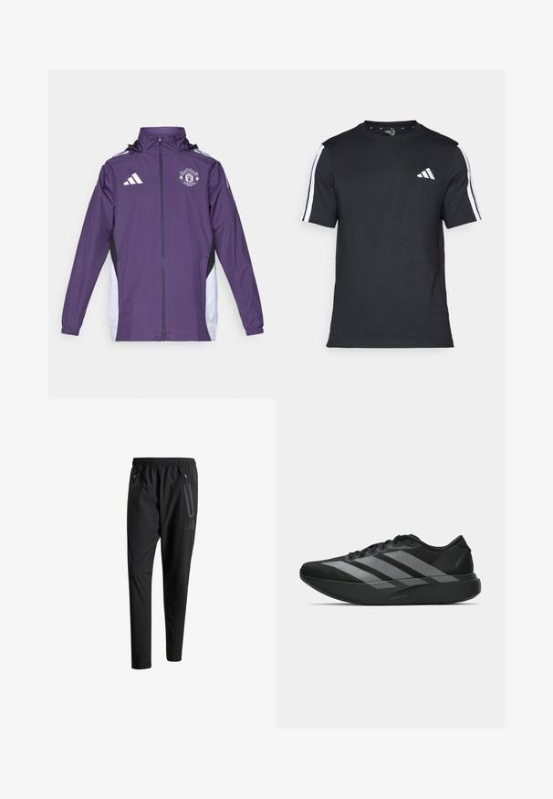 adidas Performance MANCHESTER UNITED 25/26 COMPETITION ALL WEATHER JACKET - Roupa de discoteca - aurora plum/white/black; T-shirt preto feito de algodão, com mangas curtas, apresentando riscas brancas nos ombros e um logótipo branco no lado esquerdo do peito.; Calças de treino pretas com uma cintura elástica, dois bolsos laterais com fecho, pernas ajustadas e um discreto detalhe de logotipo no quadril.; Sapatilhas desportivas pretas com um design leve, apresentando três faixas cinzas proeminentes, uma textura suave e uma sola contornada.