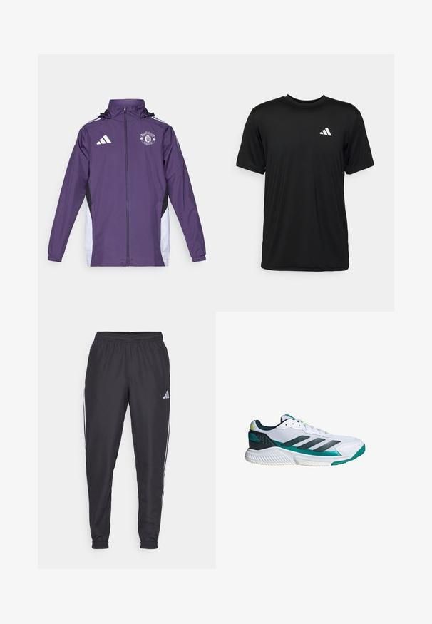 adidas Performance MANCHESTER UNITED 25/26 COMPETITION ALL WEATHER JACKET - Klubové oblečenie - aurora plum/white/black; Čierne tričko s krátkymi rukávmi vyrobené z ľahkej, vlhkosť odvádzajúcej tkaniny. Obsahuje biele logo v oblasti hornej ľavej časti hrudníka.; Čierne športové nohavice s elastickým pásom, s bielymi pruhmi po bokoch a malým logom na boku. Hladká textúra.; Biele športové topánky s textilným a sieťovaným zvrškom, zelenými akcentmi, čiernymi pruhmi a štruktúrovanou podrážkou pre lepšiu priľnavosť. Hladký a elegantný dizajn.