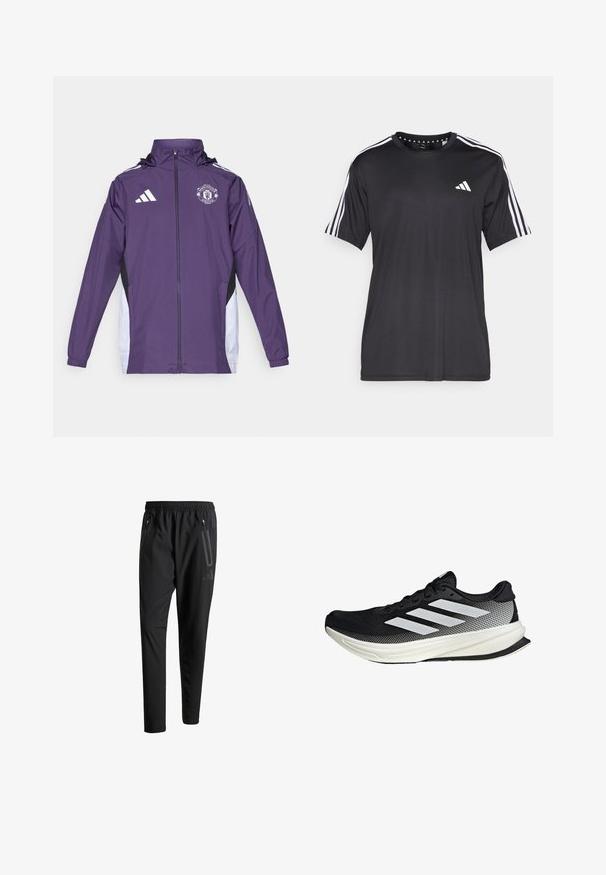adidas Performance MANCHESTER UNITED 25/26 COMPETITION ALL WEATHER JACKET - Article de supporter d'équipe de club - aurora plum/white/black; T-shirt noir à manches courtes avec un design à trois bandes blanches sur les épaules et un logo sur la poitrine. Fabriqué en tissu respirant, texture lisse.; Pantalons de sport noirs avec une taille élastique, deux poches latérales zippées, des jambes fuselées et un détail de logo subtil sur la hanche.; Chaussure de sport noire avec un design en maille, ornée de rayures blanches, à bout arrondi et avec une semelle texturée pour une meilleure adhérence et un soutien accru.