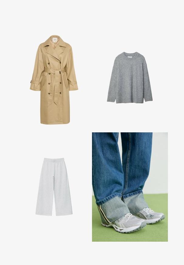Beige trenchcoat gemaakt van zachte, lichte stof. Heeft een dubbele knopenrij, zijzakken en een strikband in de taille.; Grijze gebreide trui met een ronde hals, verlaagde schouders en geribbelde boorden. Zachte textuur en een losse pasvorm. Geen patronen of accenten.; Effen wit T-shirt met korte mouwen en ronde hals met een zwart etiket bij de kraag, plat gelegd op een witte achtergrond.; Lichtgrijze wijde broek van zacht materiaal met een elastische tailleband. Het ontwerp heeft een losse pasvorm voor comfort en bewegingsvrijheid.; Grijze sportieve schoenen van mesh materiaal met witte accenten, in combinatie met blauwe denim jeans die aan de enkels zijn omgeslagen.