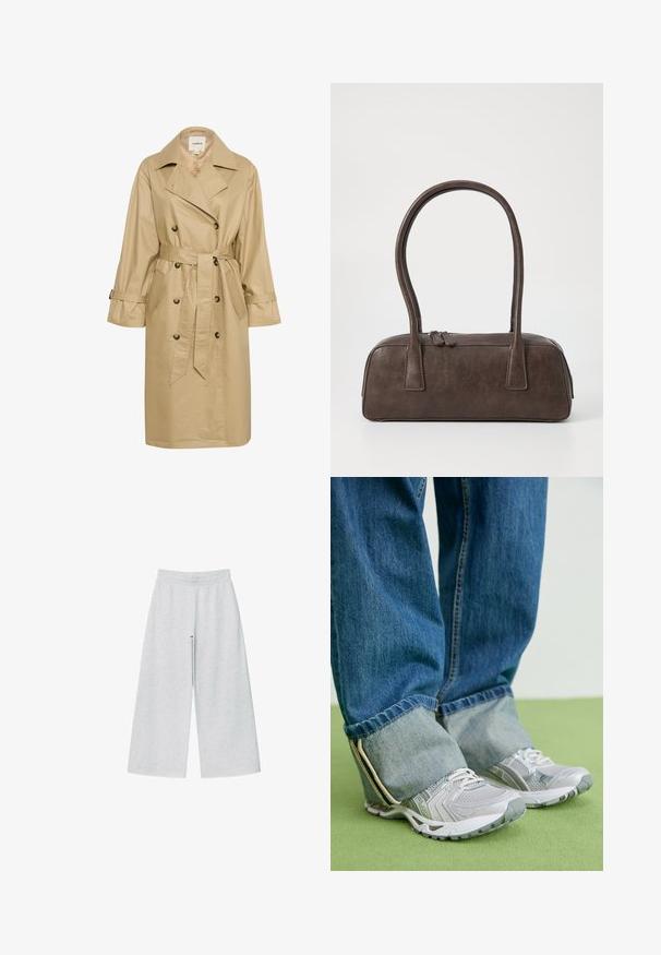 Beige trench coat lavet af glat, letvægtsstof. Har en dobbeltknaplukning foran, sidelommer og et bundet taljebælte.; Grå strikket sweater med rund halsudskæring, sænkede skuldre og ribstrikkede manchetter. Blød tekstur og løs pasform. Ingen mønstre eller accenter.; Klassisk hvid kortærmet T-shirt med rund hals og sort label ved kraven, lagt fladt mod en hvid baggrund.; Lys grå vidtgående bukser lavet af blødt stof med elastisk talje. Designet har en løs pasform for komfort og bevægelsesfrihed.; Grå atletiske sko med mesh-materiale og hvide accenter, parret med blå denimjeans, der er opkrøllet ved anklerne.; Brun lædertaske med to robuste håndtag, rektangulær form, glat tekstur og lynlås lukning. Minimalistisk design uden synlige mønstre.