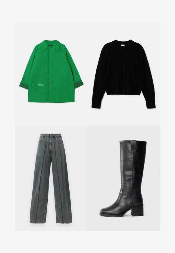 Roheline ülerõngas jope, millel on krae, kaks küljetaskut ja kontrastse tumerohelise värviga mansetid. Valmistatud siledast kangast, millel on tekstilised detailid.; Must beebi, mis on tehtud karvase materjali jaoks. Omab ümarat kaelust ja pikki varrukaid, millel on pehme tekstuur. Minimalistlik disain, ilma mustriteta.; Laiades tumedates hallides teksapükstes kõrge vöökoht, koos frakitud õmblustega, mis jooksevad vertikaalselt allapoole ning klassikalise viie tasku disainiga.; Musthave mustad nahktoodete bikiinibootid, millel on sile pind, ruudukujuline varvas, plokk-kand ja külgmine tõmbeaas, minimaalse õmblusega detailid.
