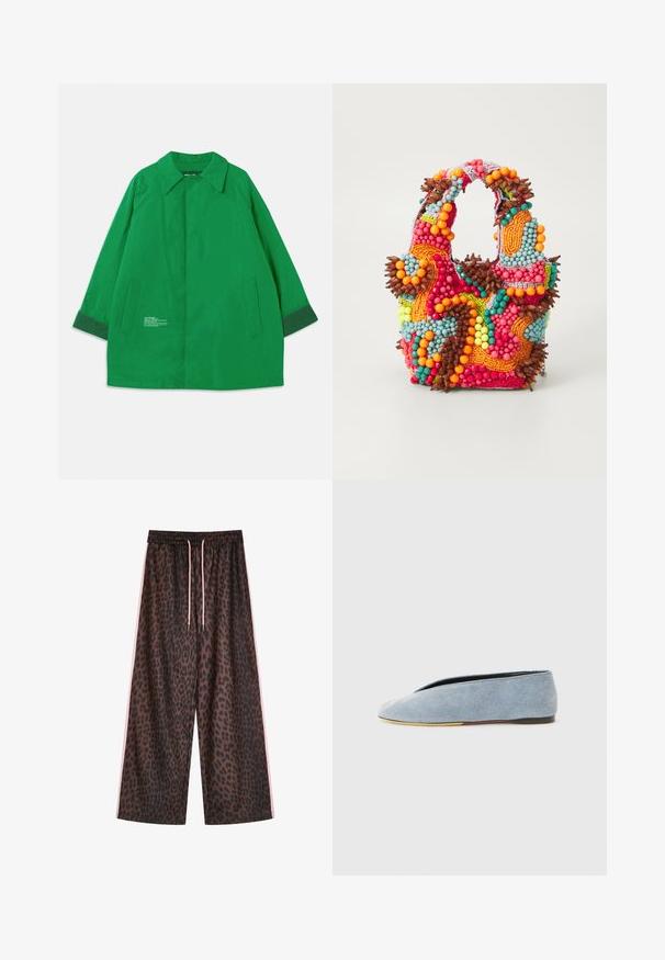 Zaļa ārējā jaka ar apkakli, divām sānu kabatām un kontrastējošām tumši zaļām aprocēm. Izgatavota no gludas auduma ar teksta detaļām.; Noderīga gaismas zila bezpiedurkņu ribota topa ar apaļu kakla izgriezumu un mazu logo izšuvumu centrā. Gluda tekstūra, pieguļoša silueta.; Leoparda raksta platas kājas bikses brūnā un melnā krāsā ar elastīgu jostu un rozā auklām, kā arī sānu rozā svītrām. Gluda auduma tekstūra.; Gaiši zils denima slip-on apavi ar gludu tekstūru, mandeļu formas purngalu un platu melnu zoli. Minimāls dizains ar zemu profilu.; Pērlīšu somiņa ar spilgtām krāsām: rozā, oranža, zila un brūna. Teksturēta virsma ar apaļām pērlītēm un organiskām formām, izturīgas rokturi.