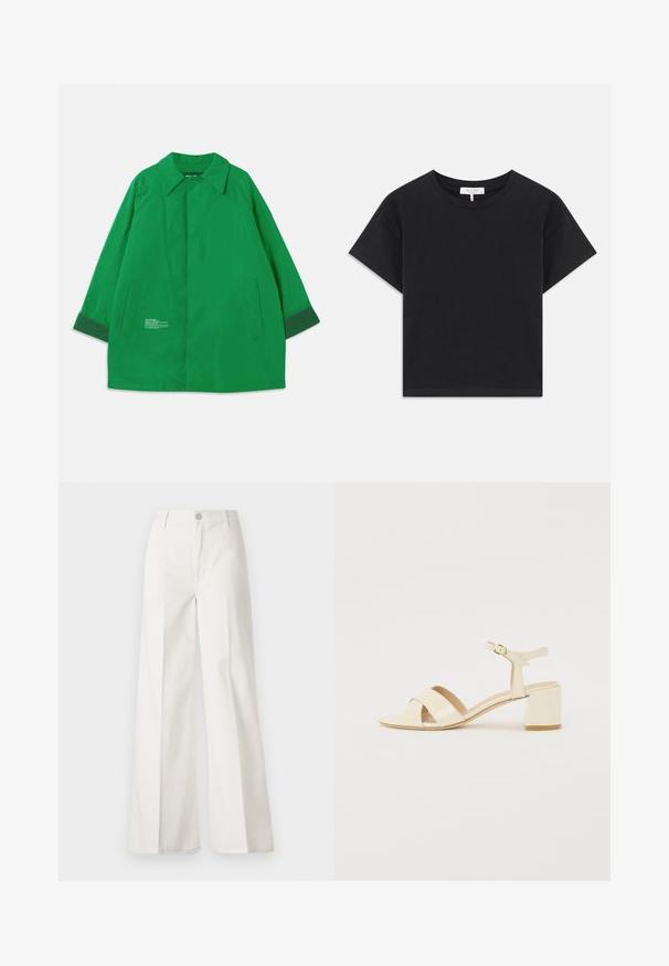 Veste extérieure verte avec un col, deux poches latérales et des poignets en vert foncé contrastant. Fabriquée en tissu lisse avec des détails en texte.; T-shirt noir cropped en coton, avec un col rond, des manches courtes et un design simple sans motifs ni embellissements.; Pantalons blancs à jambes larges en coton avec une texture douce. Comprend un bouton à l'avant, une fermeture éclair et un design à quatre poches.; Sandales à talons en cuir verni beige avec un design à brides croisées, bout ouvert, bride de cheville réglable et un talon carré. Texture lisse.