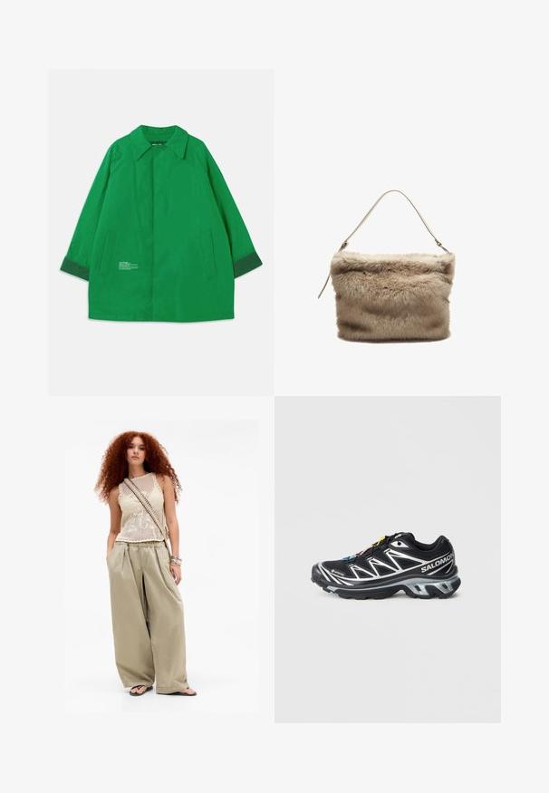 Veste extérieure verte avec un col, deux poches latérales et des poignets en vert foncé contrastant. Fabriquée en tissu lisse avec des détails en texte.; Haut à manches longues et col rond de couleur crème, fabriqué en tissu doux. Présente une coupe droite et un design minimaliste sans embellissements.; Jeune femme aux longs cheveux bouclés roux portant un haut sans manches en tricot beige, un pantalon large kaki, des tongs, un sac à bandoulière et des bracelets.; Chaussure de course noire avec accents argentés, en matériau GORE-TEX, semelle texturée et lacets colorés. Dispose d'un talon rembourré pour le soutien.; Sac en fausse fourrure de couleur beige clair avec une surface douce et texturée. Il dispose d'une fine sangles unique et d'une forme rectangulaire avec un bord supérieur duveteux.