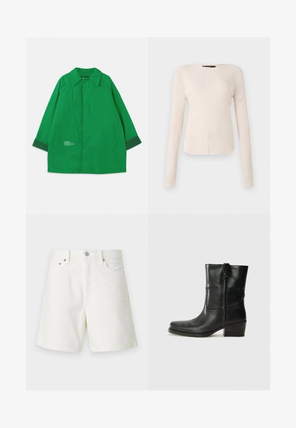 Giacca esterna verde con colletto, due tasche laterali e polsi a contrasto di un verde scuro. Realizzata in un tessuto liscio con dettagli testuali.; Maglietta a maniche lunghe di colore beige chiaro con scollatura rotonda. Realizzata in tessuto morbido, presenta una cucitura centrale e un orlo leggermente curvato. Senza hardware visibile.; Shorts di denim bianco con taglio dritto, design a cinque tasche, chiusura frontale con bottone, accessori in argento e dettagli cuciti.; Stivale ankle in pelle nera con punta arrotondata, tacco a blocco, cerniera laterale e dettagli in cucitura sulla tomaia. Texture liscia, design classico.