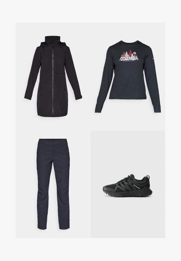 Svart lang frakk laget av et vannavstøtende materiale, med glidelås lukking, snøring på hetten og to sidelommer. Jevn tekstur.; Langermet mørkegrå skjorte med grafikk av røde trær og fjell; "COLUMBIA" logo i fet hvit tekst. Mykt stoff, standard rund hals.; Marineblå bukser laget av glatt stoff, med frontknappelukking, slim-fit design og pressede detaljer ved knærne.; Columbia PEAKFREAK - Fjellsko - black