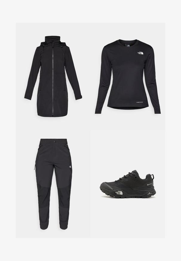 Černý dlouhý kabát vyrobený z vodoodpudivého materiálu, s zipovým uzávěrem, kapucí se stahovací šňůrkou a dvěma bočními kapsami. Hladká textura.; The North Face SHADOW LONG SLEEVE - Top s dlouhým rukávem - black; Černé venkovní kalhoty vyrobené z odolné tkaniny. Mají zipové kapsy, zesílené kolenní panely a rovný střih pro větší pohyblivost.; Černá turistická bota s texturovaným svrškem, šněrováním a masivní gumovou podrážkou, která má výrazné logo po straně a vzory na podrážce.