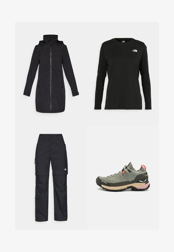 Black long coat made of a water-resistant material, featuring a zip closure, drawstring hood, and two side pockets. Smooth texture.; Black long-sleeve t-shirt made of cotton with a round neck. Features a small white logo on the left chest area. Simple design and fit.; Black nylon zip-off cargo trousers with adjustable cuffs, multiple pockets, and a logo on the right leg. Smooth, lightweight texture.; Lightweight green hiking shoe with mesh and rubber materials, black traction outsole, pink and orange accents, and reinforced toe cap.