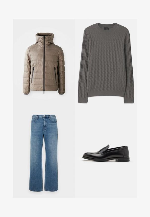 Geacă puffer în nuanța taupe, cu glugă, având un material texturat, model cusut orizontal, fermoar frontal și buzunare laterale.; Armani Exchange Pulover - dark gull zig zag; Jeans cu picioare largi din denim, cu un finisaj decolorat. Au cinci buzunare, închidere cu buton frontale și un croi drept.; Mocasini din piele neagră cu o textură netedă, vârf rotund și o curea decorativă peste partea superioară. Toc mic, design minimalist.